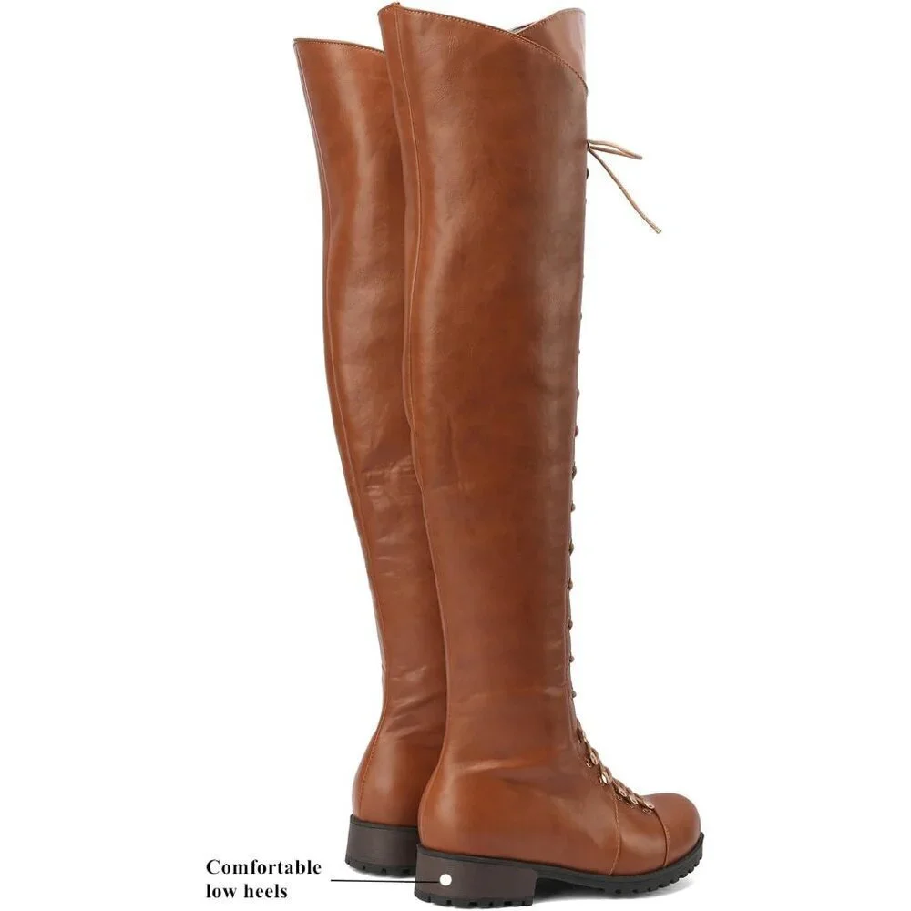 🆕Women's Brown Faux Leather Over The Knee Square Toe Thigh High Combat Boots
